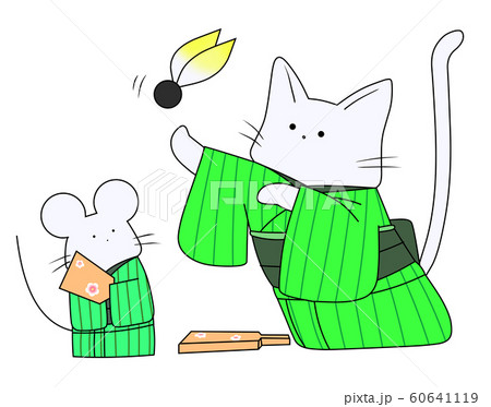 羽根つきをするねずみとねこ(緑色) 羽根つきをするねずみとねこ(緑色) 60641119