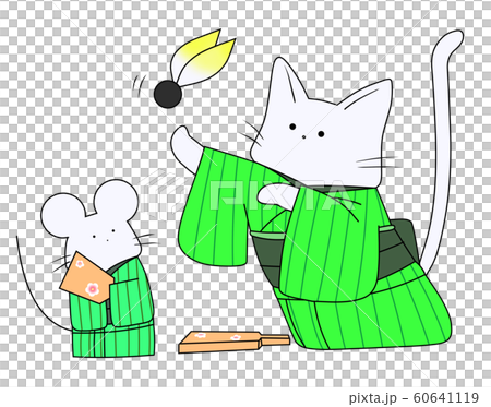 羽根つきをするねずみとねこ(緑色) 羽根つきをするねずみとねこ(緑色) 60641119