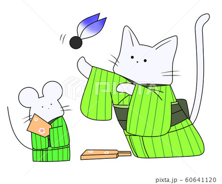 羽根つきをするねずみとねこ（黄緑色） 60641120