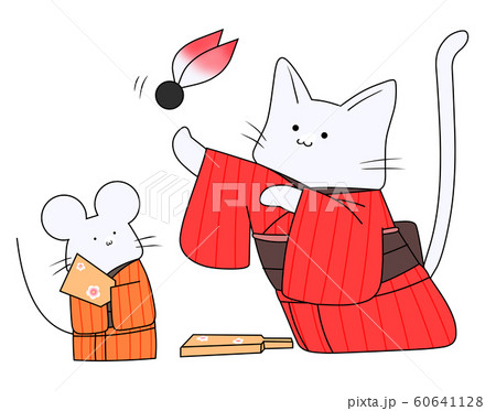 羽根つきをするねずみとねこ（赤色） 60641128
