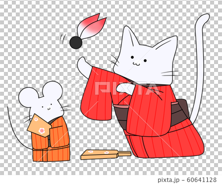 羽根つきをするねずみとねこ（赤色） 60641128