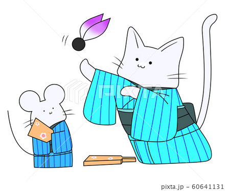 羽根つきをするねずみとねこ（水色） 60641131