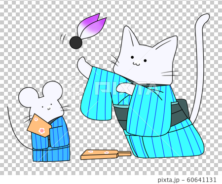 羽根つきをするねずみとねこ（水色） 60641131