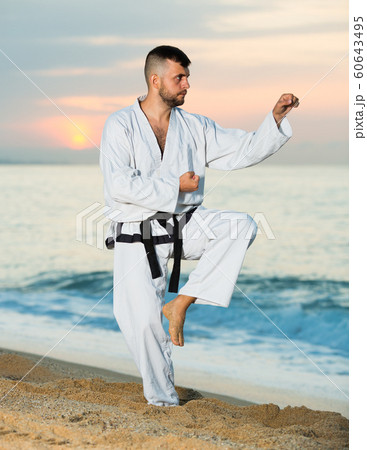 Cheerful male doing karate at ocean quay Cheerful male doing karate at ocean quay 60643495