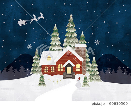 クリスマスの家と雪水彩のイラスト素材