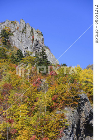 北海道 定山渓 豊平峡ダムの紅葉の写真素材