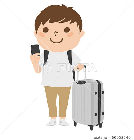 旅行者のイラスト 大きなスーツケースを持って 旅行している若い男性 のイラスト素材