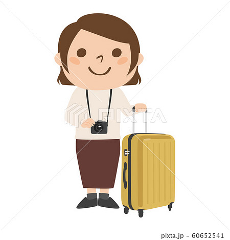 旅行者のイラスト 大きなスーツケースを持って 旅行している若い女性 のイラスト素材