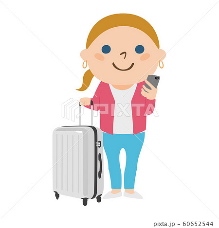 旅行者のイラスト 大きなスーツケースを持って 旅行している若い外国の女性 のイラスト素材