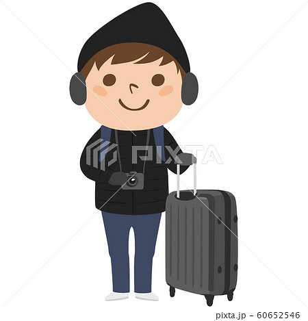 旅行者のイラスト 大きなスーツケースを持って 旅行している若い男性 のイラスト素材