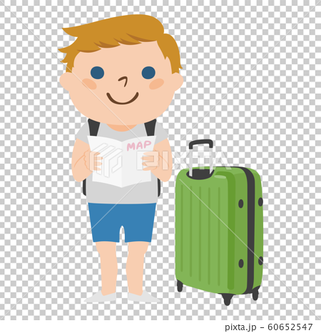 旅行者のイラスト 大きなスーツケースを持って 旅行している若い外国の男性 のイラスト素材