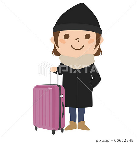 旅行者のイラスト 大きなスーツケースを持って 旅行している若い女性 のイラスト素材
