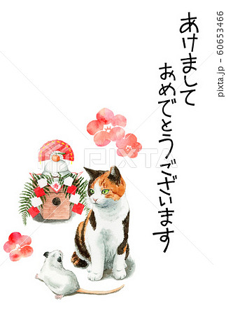 水彩で描いた三毛猫とねずみと鏡餅のイラストの年賀状 60653466
