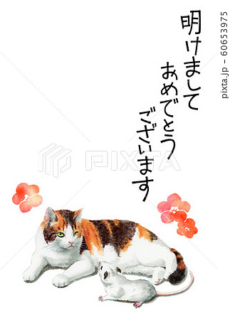水彩で描いた三毛猫とねずみのイラストの年賀状 60653975