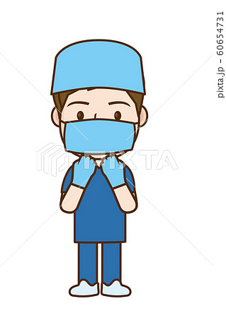手術着を着た男性医師のイラスト 青い手術着とマスク 全身のイラスト素材