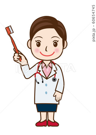 歯ブラシを持った笑顔の女性医師のイラスト 歯磨き指導のポーズ 女医 全身のイラスト素材