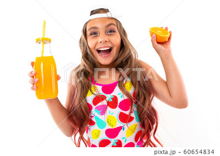 Teenager caucasian girl in glasses with fruits isolated on white background 60654834