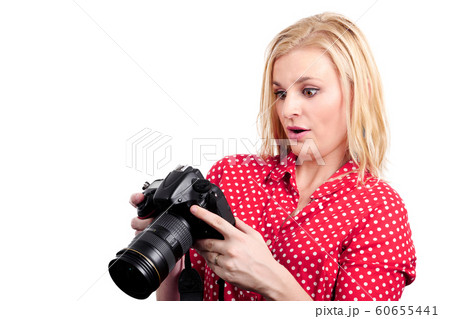 pretty blonde woman photographer with her camera, pretty blonde woman photographer with her camera, 60655441