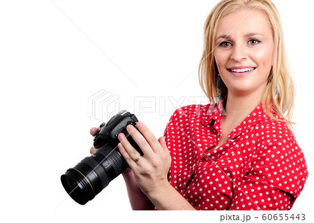 pretty blonde woman photographer with her camera, pretty blonde woman photographer with her camera, 60655443