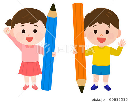 鉛筆をもつ子供 男女 イラストのイラスト素材
