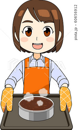 お菓子 チョコケーキ 作りをする女性のイラストのイラスト素材