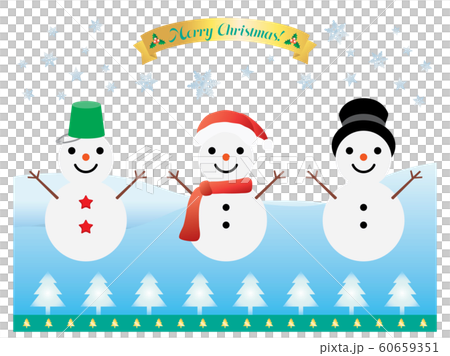 クリスマスのサンタの帽子やバケツやシルクハットの雪だるまたちのイラスト素材