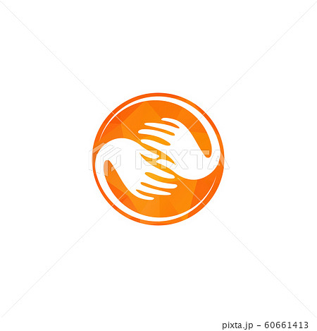 Isolated yellow round logo. White hands in a yellow circle. Global connection sign. Globalization icon. Helpful people. Charity symbol. Refugee camp emblem. Communication all over the world. Mercy. 60661413
