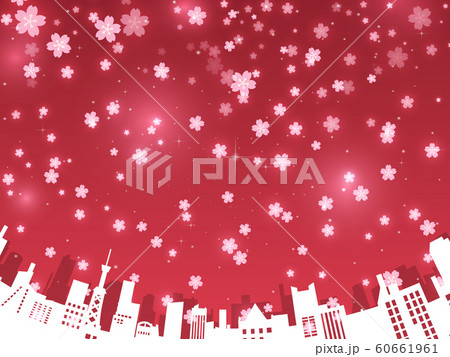 街並みと桜の背景 レッド 円弧加工 キラキラ フレア のイラスト素材 60661961 Pixta