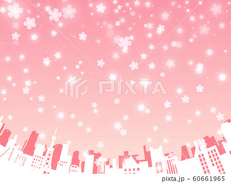 街並みと桜の背景 ピンク 円弧加工 キラキラ フレア のイラスト素材