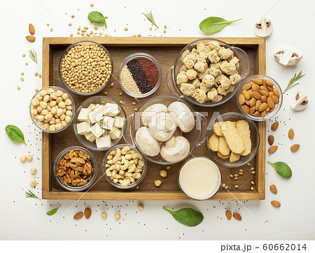 Tray with set of soybean products, nuts, legumes and mushrooms Tray with set of soybean products, nuts, legumes and mushrooms 60662014