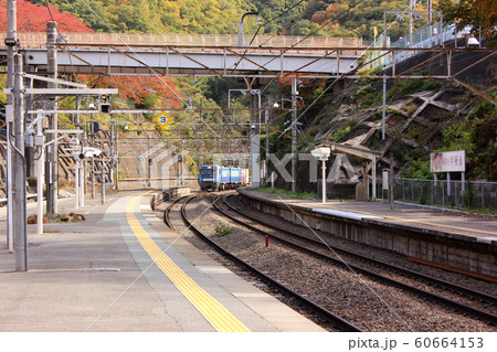 中央本線甲斐大和駅の2番線ホームに入線する貨物列車(1) 60664153
