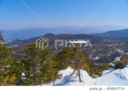冬の北八ヶ岳 三ツ岳Ⅰ峰付近から東側の雨池と八柱山方面を見る 60664754