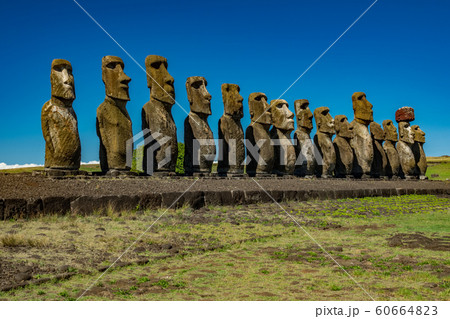 Ahu Tongariki moai platform perspective view under clear sky Ahu Tongariki moai platform perspective view under clear sky 60664823