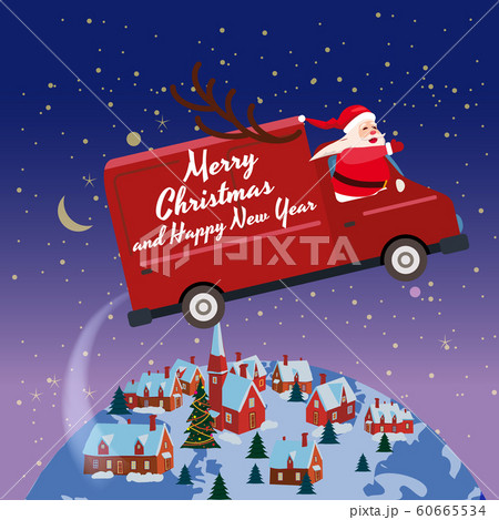 Merry Chrismas Santa Claus Van flies through the night sky above the Earth winter town delivering gifts. Flat cartoon style vector illustration greeting card poster banner 60665534