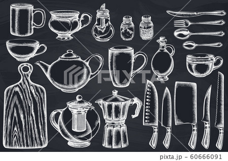 Vector set of hand drawn chalk Chef's knifes, teaspoon, spoon, fork, knife, cutting board, bottle of oil, teapots, coffee pot, cups, sugar bowl, pepper shaker, salt shaker Vector set of hand drawn chalk Chef's knifes, teaspoon, spoon, fork, knife, cutting board, bottle of oil, teapots, coffee pot, cups, sugar bowl, pepper shaker, salt shaker 60666091