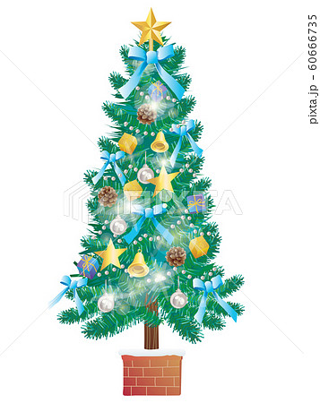 ブルーとゴールドとシルバーと緑のクリスマスツリーのイラスト素材