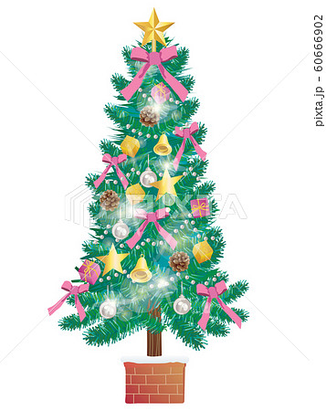 ピンクとゴールドとシルバーと緑のクリスマスツリーのイラスト素材