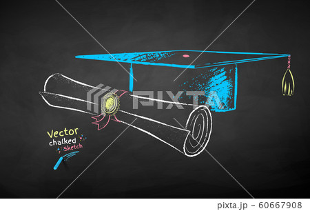 Chalk drawn mortarboard and diploma scroll 60667908