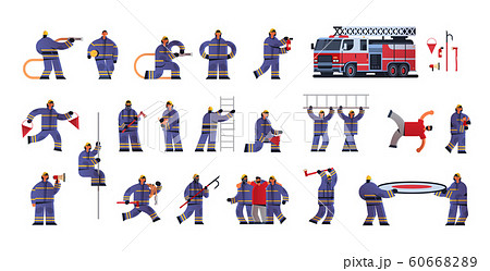 Set Brave Firemen In Different Poses のイラスト素材 6066