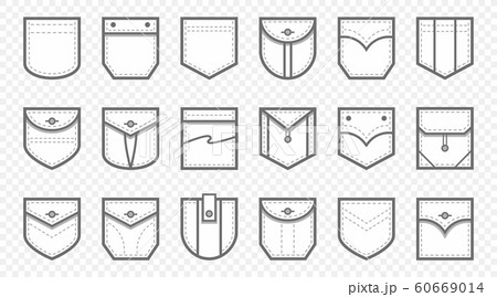 Patch pocket. Uniform clothes pockets patches with seam, patched denim pocket line icon vector set 60669014