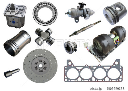 Auto spare parts car on the white background. Set with many isolated items for shop or aftermarket Auto spare parts car on the white background. Set with many isolated items for shop or aftermarket 60669023