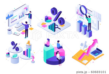Financial audit. Budget graph, tax expert and business finance balance valuation isometric 3D vector illustration set 60669101