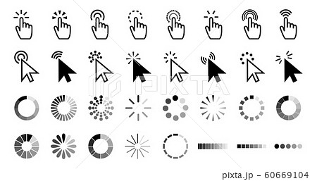 Pointer click icon. Clicking cursor, pointing hand clicks and waiting loading icons vector collection 60669104