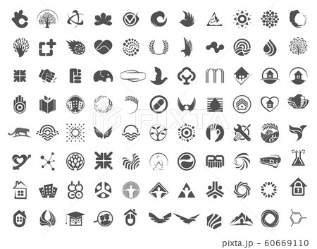 Misc icon set. Flat monochrome simple, grey silhouette logo template. Modern emblem idea. Concept design for business. Isolated vector illustration on white background. 60669110