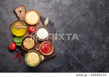 Set of various sauces. Popular sauces in bowls Set of various sauces. Popular sauces in bowls 60669230
