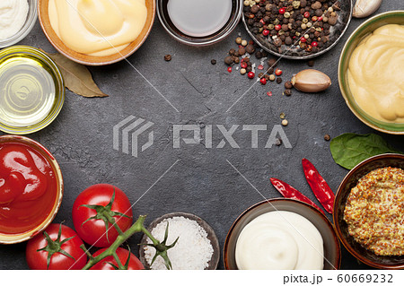Set of various sauces. Popular sauces in bowls Set of various sauces. Popular sauces in bowls 60669232