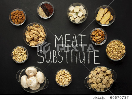 Assortment of vegan protein sources on chalkboard Assortment of vegan protein sources on chalkboard 60670757