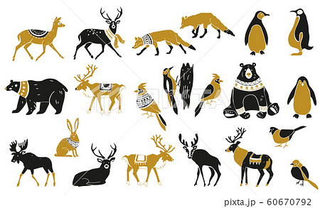 Set of winter animals silhouettes. Set of Christmas Scandinavian elements. Nordic retro design 60670792