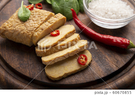 Temper meal served with chili pepper and salt on catering platter 60670855