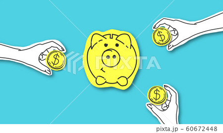 Hands putting money coins into shining piggy on blue background Hands putting money coins into shining piggy on blue background 60672448